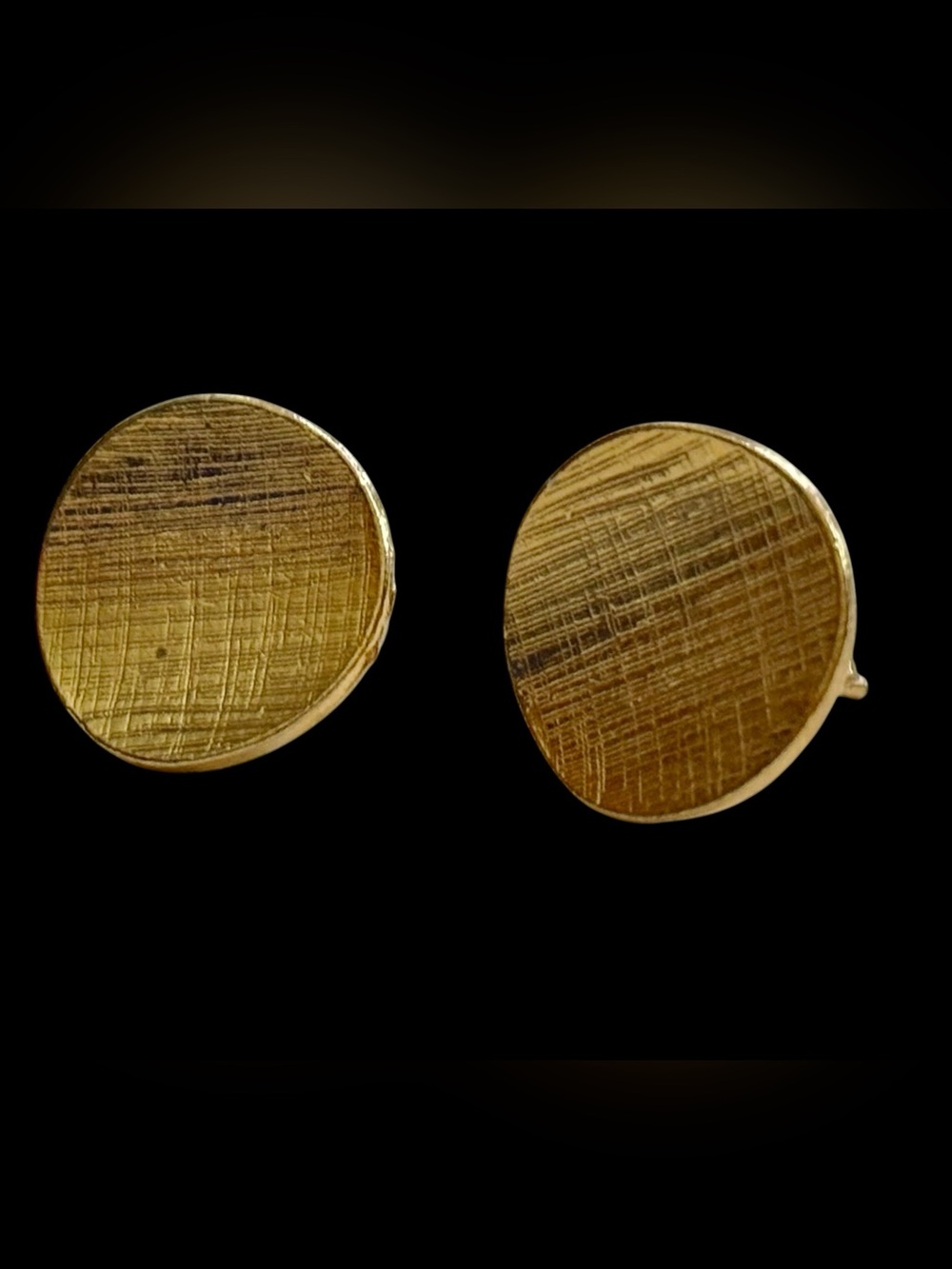 Vintage Brushed Round Stud Earrings appear larger on model